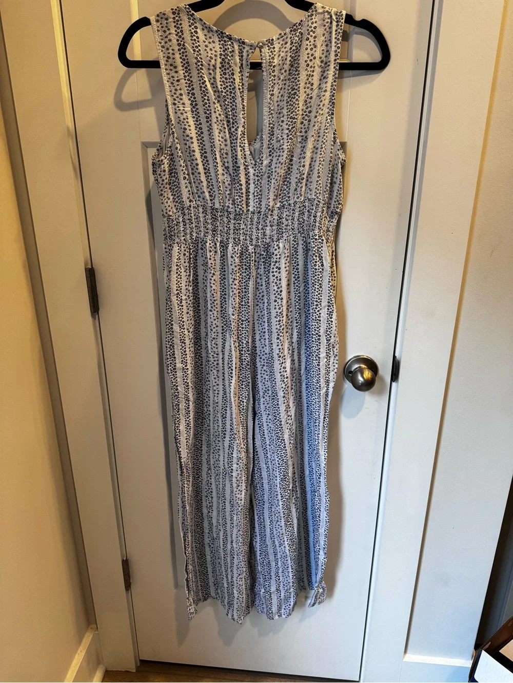 Sleeveless Blue & White Striped Smocked-Waist Jumpsuit
